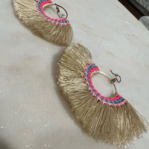 Cream String/Tassel Hoop Earrings w/ Pink & Blue Accents - Picture 4 of 7